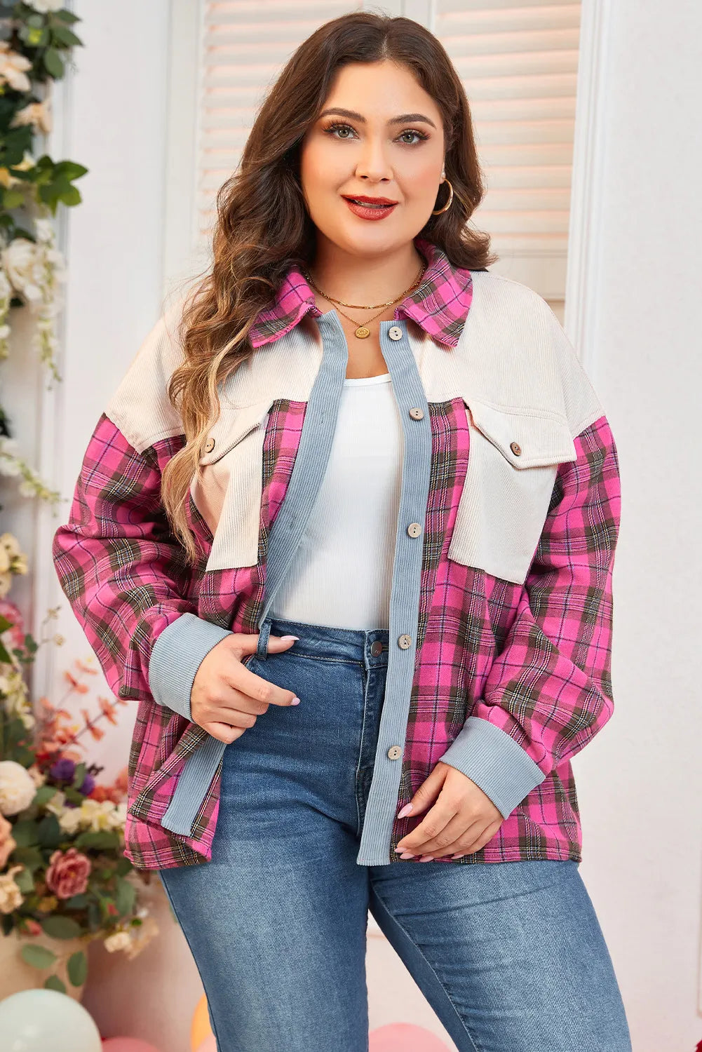 Plus Size Plaid Collared Neck Long Sleeve Shirt