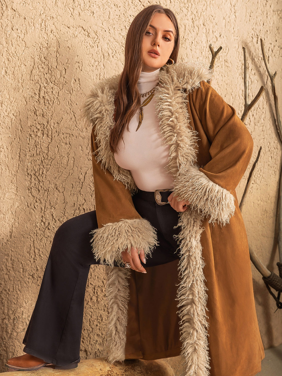 Plus Size Furry Trim Open Front Long Sleeve Coat