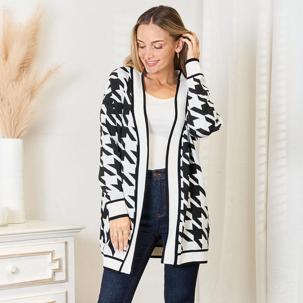 Mandy Woven Right Houndstooth Open Front Longline Cardigan