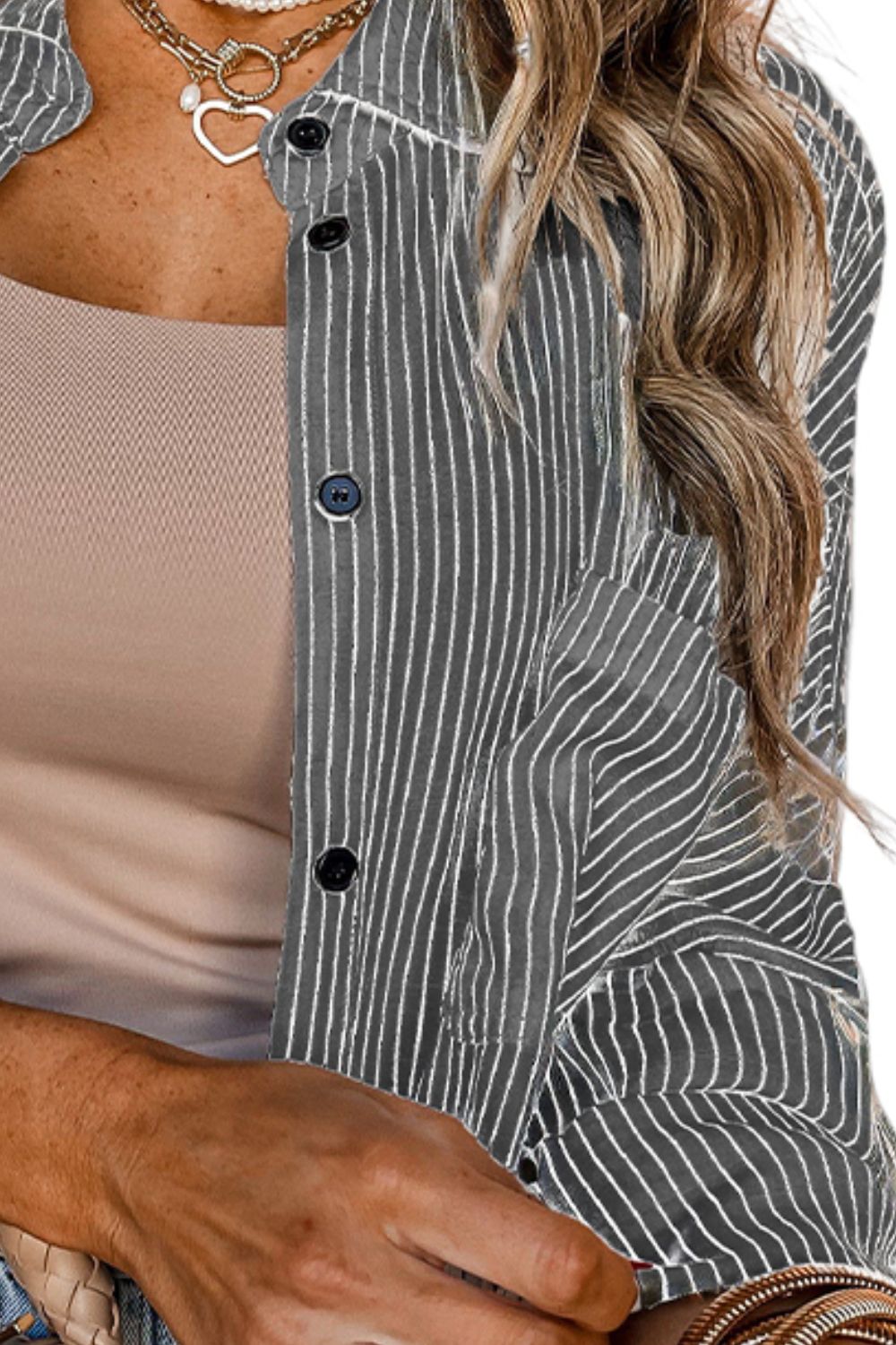 Pocketed Striped Collared Neck Long Sleeve Shirt