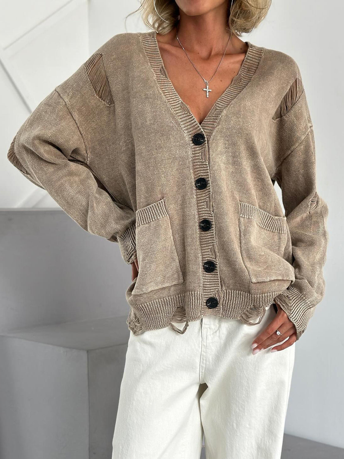 Distressed Button Down Long Sleeve Cardigan