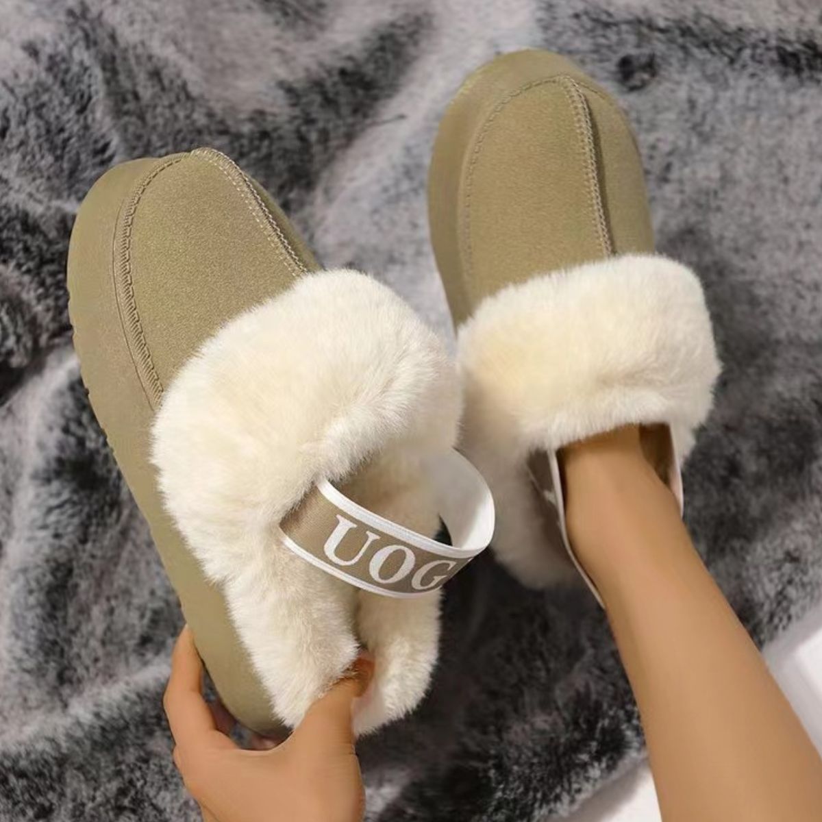 Plush Platform Slippers with Letter Strap