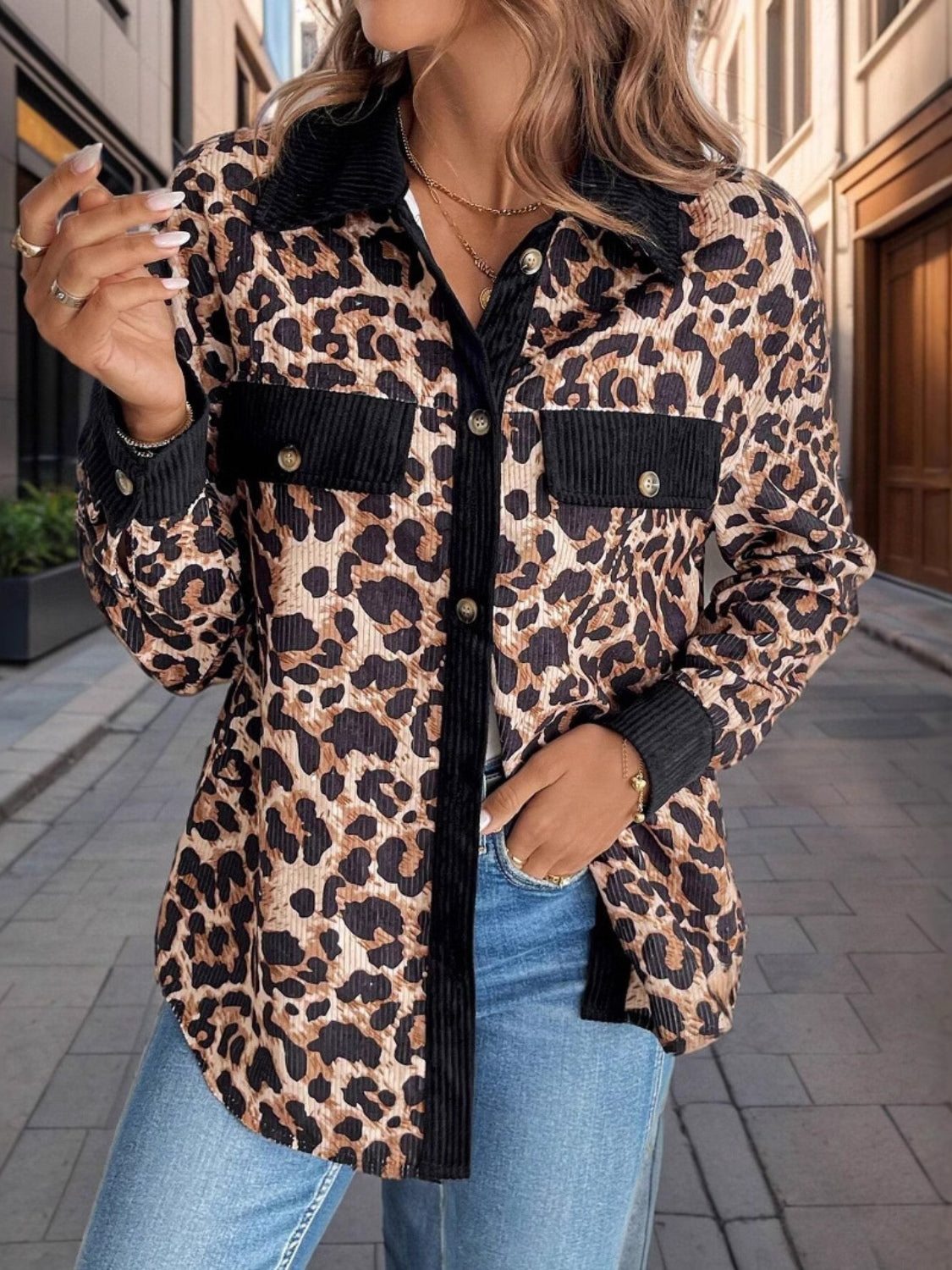 Leopard Collared Neck Button Up Shacket