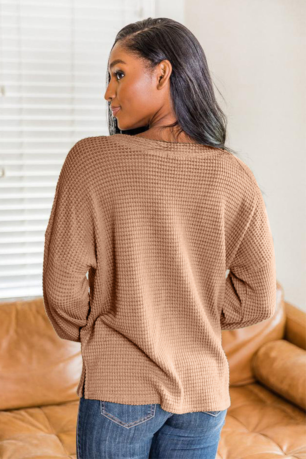 Slit Waffle Knit Long Sleeve T-Shirt