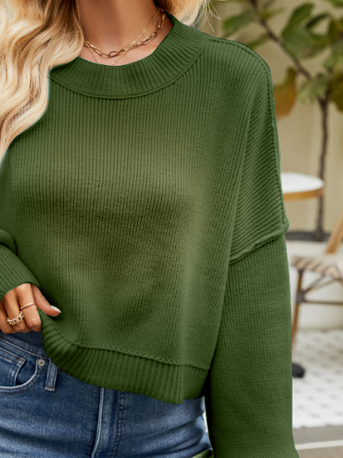 Round Neck Lantern Sleeve Sweater