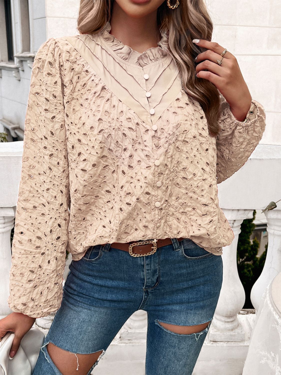 Devine Frill Round Neck Long Sleeve Shirt