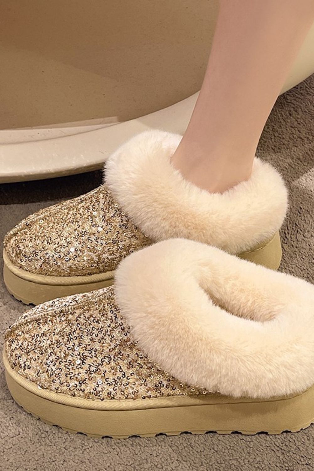 Sequin Fur Trim Platform Boots